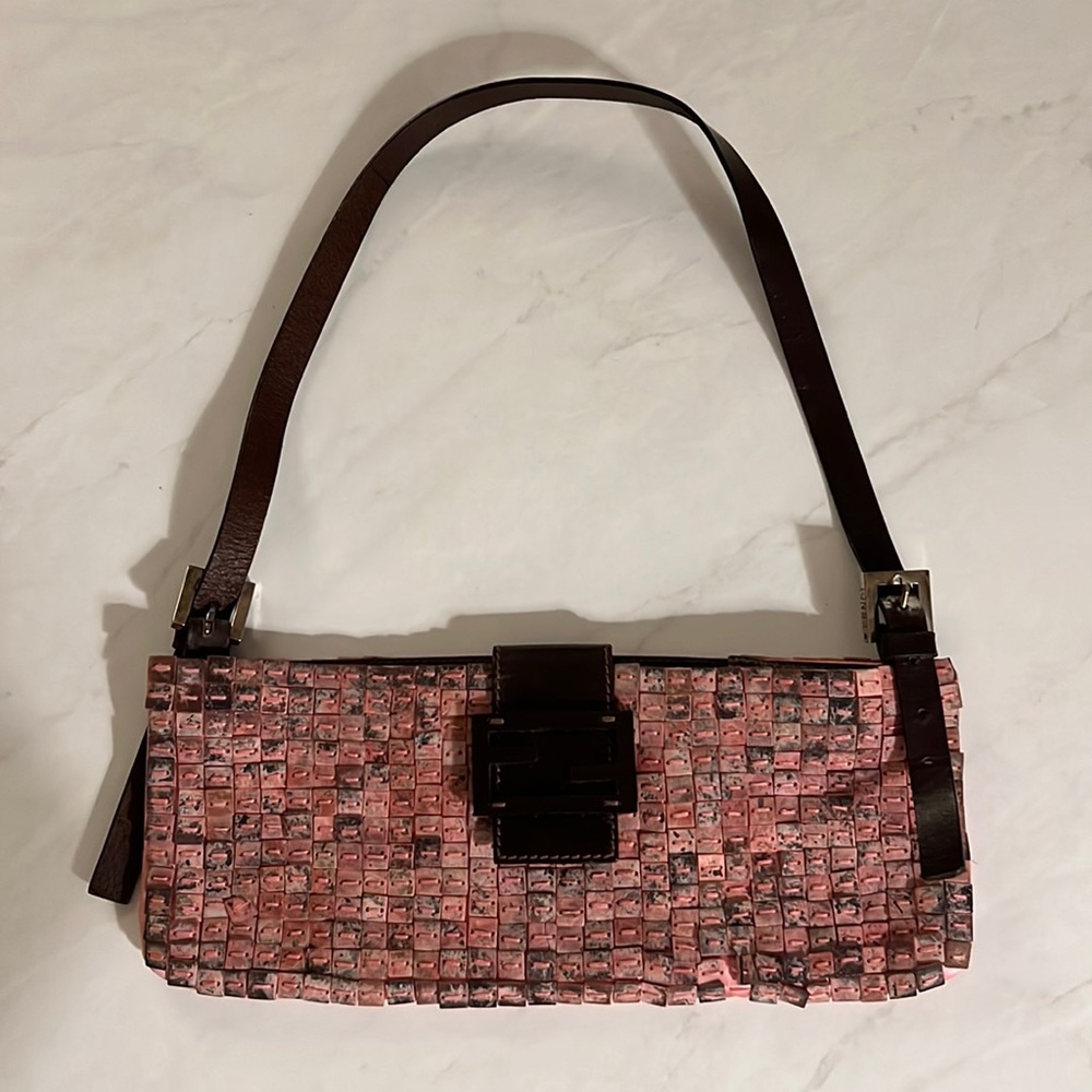 Vintage Fendi baguette with pink ceramic “tiles” sewed. Leather brown handle